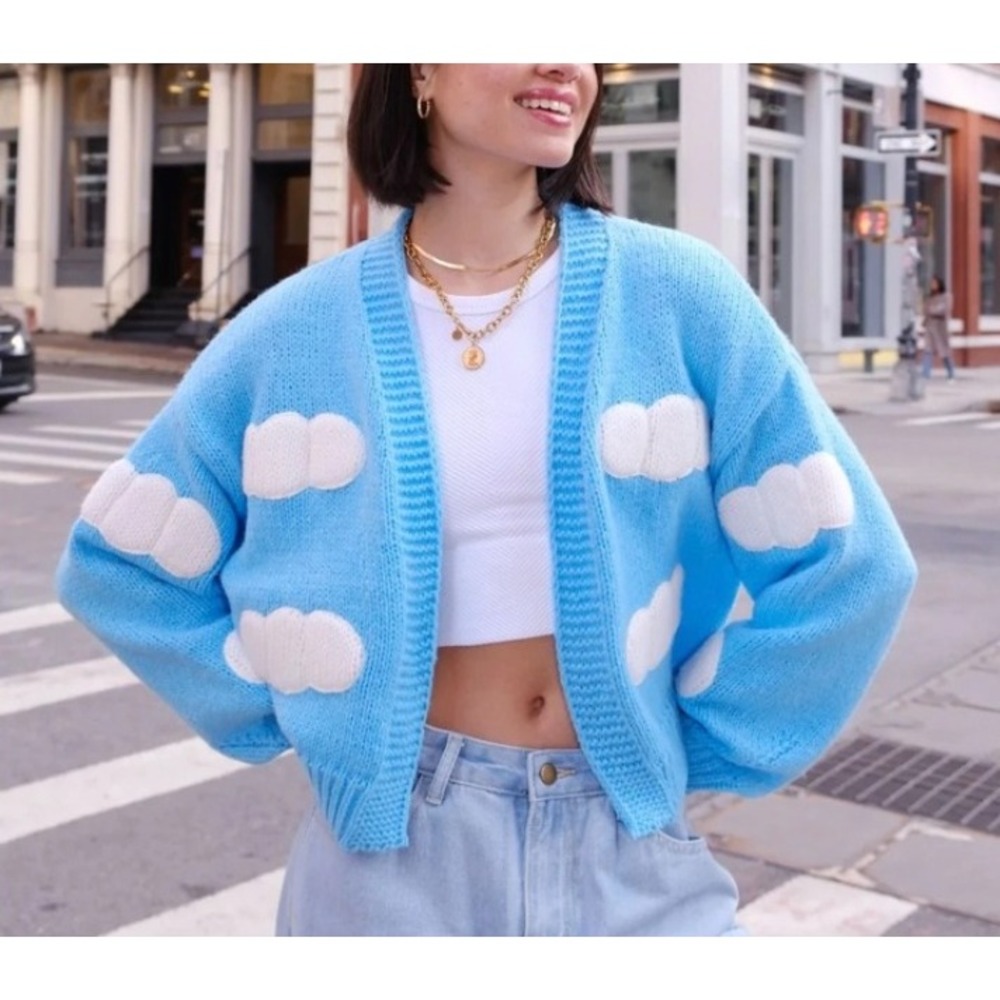 Debut Women  Cardigan Large Blue White Cloudy Chance Cuteness Sky Blue 3D